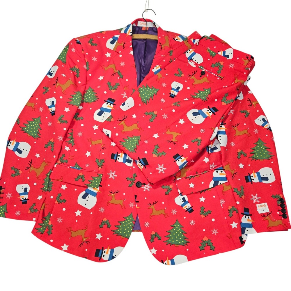 OppoSuits Christmaster Holiday Suit Set Red Snowman Reindeer Sz EU60/UK50